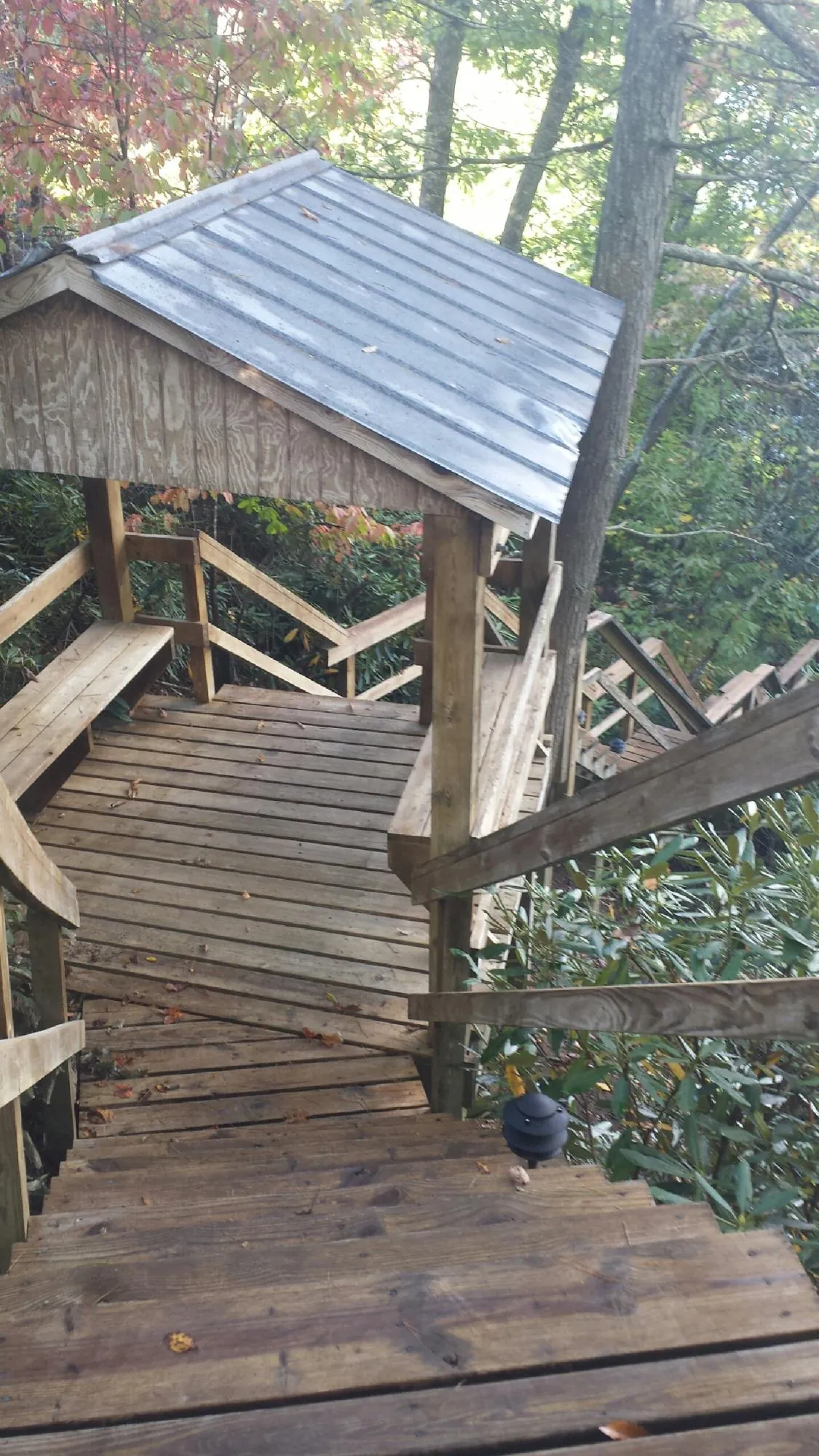Metal roofed shelter over wooden steps on a wooded walkway — Skylight Repair & Installation work by our crew in Negley